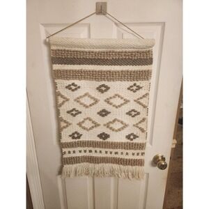 Bottom Fringe Textured Woven Wall Hanging Fabric‎ Art Boho Decor Tan Cream Beige